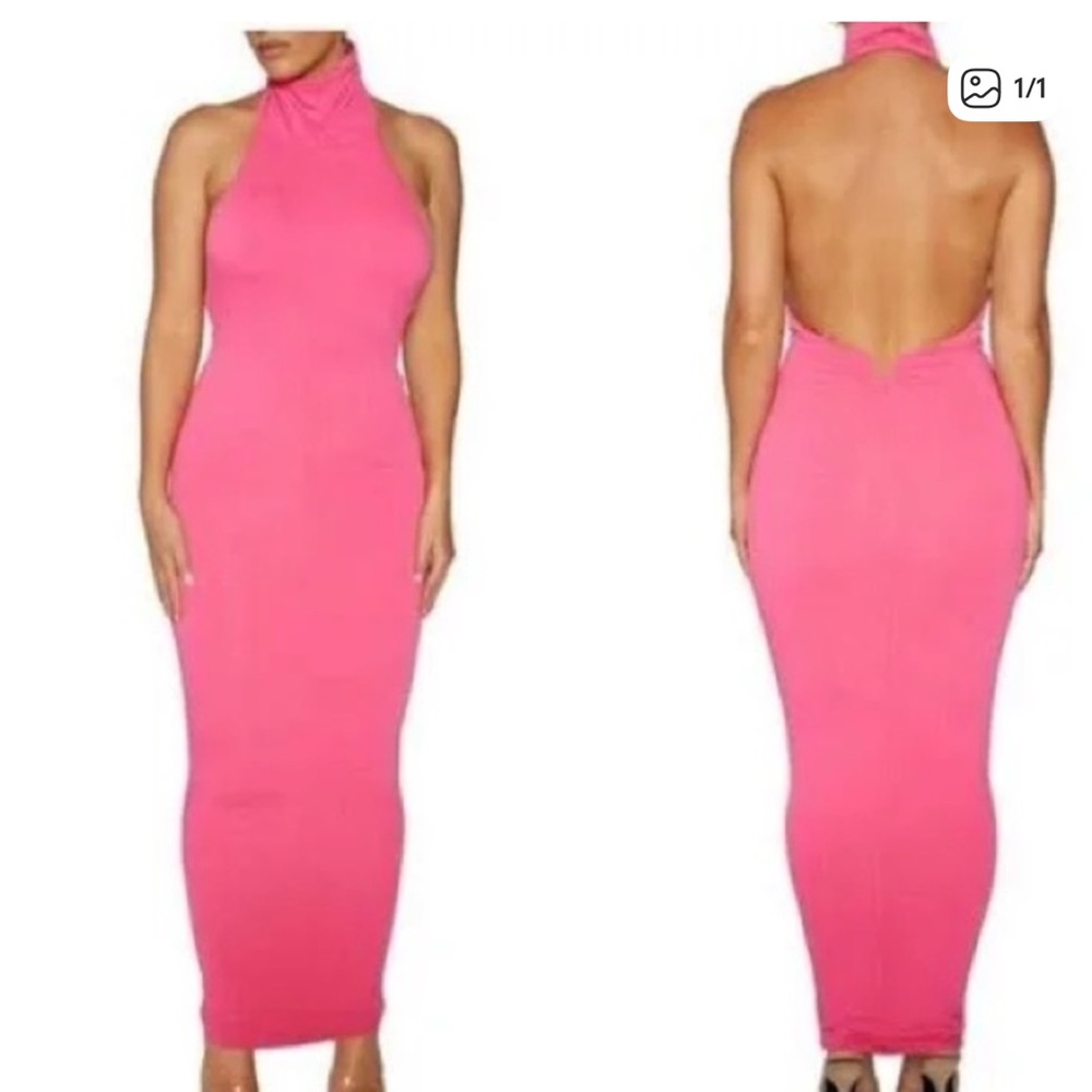 naked wardrobe Hot Pink Halter-Backless Maxi Skirt